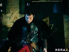 In a Game of Thrones XXX parody, the Red Witch endures a brutal dungeon fuck with monster cock.