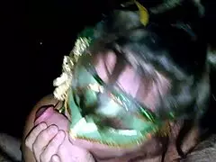 Milf in Green Mask Teases with Slow Licks and Deep Sucks on Thick Shaft