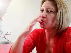 Sexy milf enjoys close-up strawberry licking in POV fetish scene