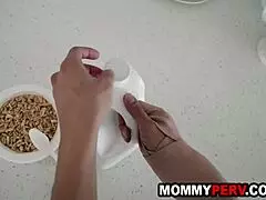 mommy titty fucks stepson with big fake boobs