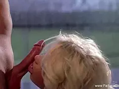 The sexy milf gives a sensual blowjob ending in a cumshot.