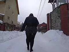 Big Ass in Short Dress on Snowy Public Street, Voyeur Watches Curvy Milf