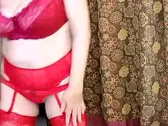 Hot busty milf mariaold in red stockings and high heels shoes.