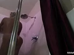 Blonde Milf Nikita Showers, Touching Her Big Tits and Pussy