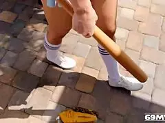 Milf Crystal Rush grips the long bat tightly