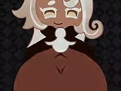 Latte cookie titfucks a big cock, receiving a cumshot.