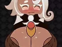 Latte cookie titfucks a big cock, receiving a cumshot.