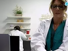 sexy big tit milf nurse plays at office desk