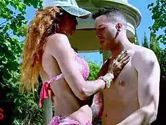 beautiful brunette fucked by two males and a muscular one