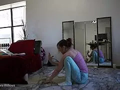 yoga lesson with friends, focusing on stretches and poses. great for amateurs!