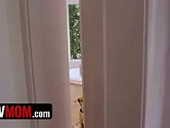 step-mom's gigantic tits keep slipping out while she's on her knees tempting me