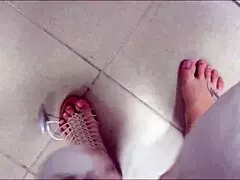 sexy feet in shoe shop, trying sandals, craving to suck them all