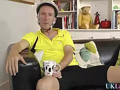 British milf in heels gives blowjob for facial on stockings