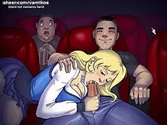 Horny blonde teen girlfriend with big tits sucks boyfriend's monster cock in public cinema