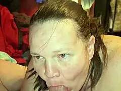 Milf eagerly swallows my hot cum after blowjob.