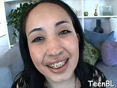 gorgeous teen 18+ is rubbing her twat before giving wild blowjob