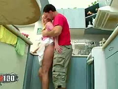 Milf fond of sex in the kitchen with couple