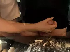 Cooking up a dirty penis feast with flour and jerking in kitchen