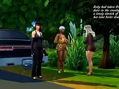 In Sims 4, Ruby and Doris give blowjobs to shemales in an interracial orgy