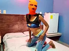 my brunette stepsister wanna celebrate halloween in the hotel bed with mask