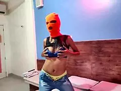 my brunette stepsister wanna celebrate halloween in the hotel bed with mask