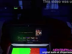 milf 3d hentai with short hair, green shirt, big chest, shorts, and red thong in the room