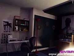 milf 3d hentai with short hair, green shirt, big chest, shorts, and red thong in the room