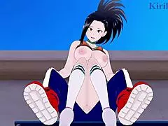 himiko toga, momo yaoyorozu, and izuku midoriya in wild hentai sex scene.