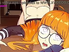 Petite redhead plays videogames, oblivious to the hard boner between her legs in 3D animation.