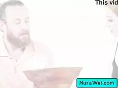 blonde masseuse chats about giving a relaxing nuru massage to her client