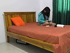 Milf masturbates with toys while husband rests from work, craving riding action.