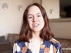 anca's shaved pussy gets a deep dildo pounding in solo german amateur session