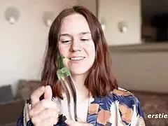 anca's shaved pussy gets a deep dildo pounding in solo german amateur session