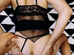 A beautiful wife in fishnets spreads her legs in a homemade POV scene with her couple.