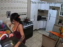 Cooking for my lover while my cuckold husband works, teasing with big tits and belly in the kitchen