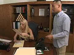 Fucking blonde milf slut secretary Stace Saran on bed with deepthroat action. 😈