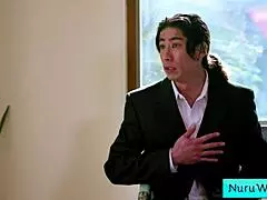 Sexy Big Tit Blonde Masseuse Describes Nuru Massage to Client Lauren Phillips and David Lee.