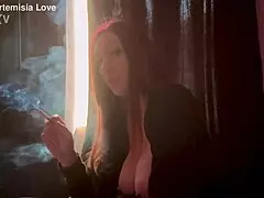 Italian Long Hair Big Tits MILF Artemisia Love Smokes Cigarette Intensely In Solo Session.