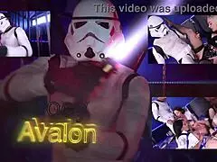 In a star wars parody, a babe awakens big cocks in a cosplay 4some, leading to missionary cumshots on big asses.