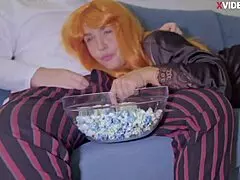 Stepmom sucks my dick during movie and we fuck hard