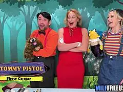 blonde milf and teen 18+ get fucked on sesame street movie set with deepthroat and blowjob.