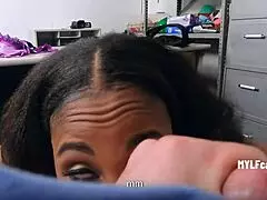 Mall cop catches petite black masseuse fingering herself at work, leading to interracial reality sex