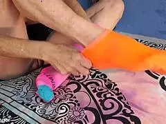 Mature blonde housewife explores socks fetish with tight shaved pussy 😏