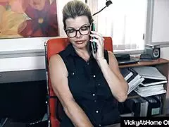 Hot secretary vicky vette masturbates her big natural tits and clit in lingerie at the office