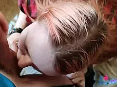 pov blowjob with big tits outdoor, ending in cumshot on face