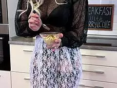 Breakfast with cherrylcolle in see-through nylon stockings and heels, roleplaying with spanking. 😍