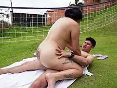 My friend puts sun spray on my ass and ends up hitting me hard - Lizi Love