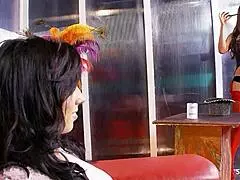 This intense lesbian threesome features three big-tits milfs in lingerie with a dildo