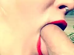 milf deepthroats cock with lots of spit and close up sucking