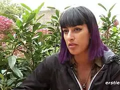 Wow, this Ersties babe plays with her wet pussy in a public restroom!